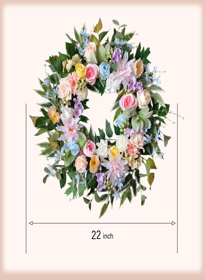Idyllic 22 Inch Spring Wreath for Front Door with Pink Blue Roses and Hydrangeas Romantic Artificial Flower Wreath for Indoor Outdoor Wedding Porch and Wall Decor - Image 2