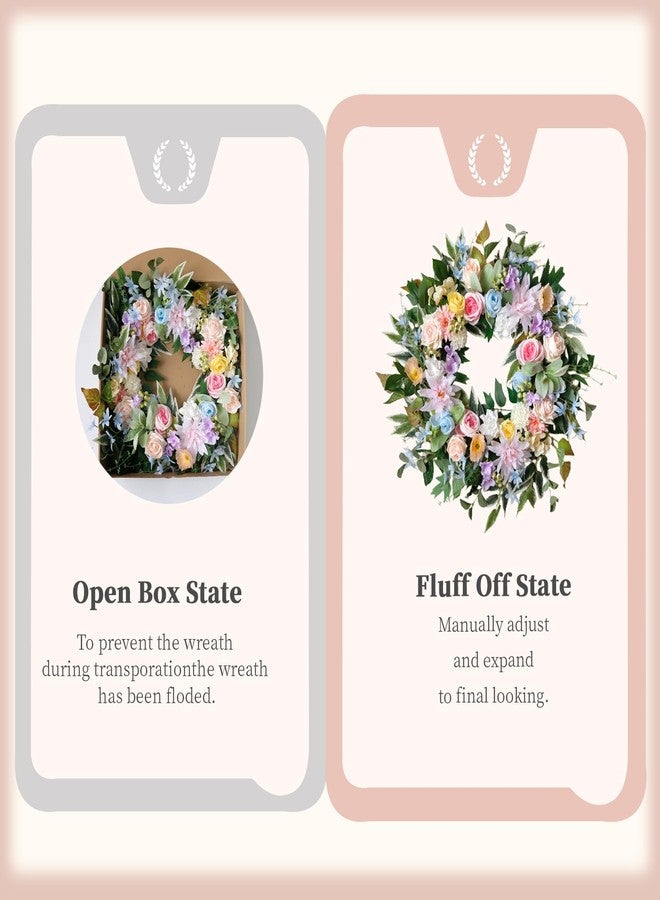 Idyllic 22 Inch Spring Wreath for Front Door with Pink Blue Roses and Hydrangeas Romantic Artificial Flower Wreath for Indoor Outdoor Wedding Porch and Wall Decor - Image 4