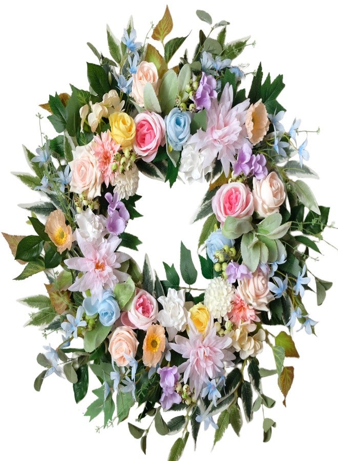 Idyllic 22 Inch Spring Wreath for Front Door with Pink Blue Roses and Hydrangeas Romantic Artificial Flower Wreath for Indoor Outdoor Wedding Porch and Wall Decor - Image 1
