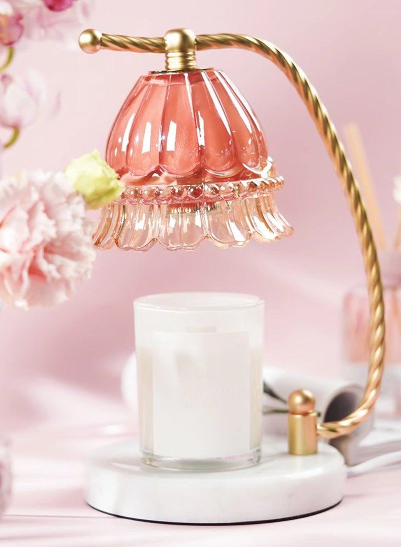 Onelight Coralline Camellia Shade Wax Lamp Candle Warmer Lamp with High Transparency Glass Stepless Dimming Rapid Melting Ideal for Home Decor and Aromatherapy, Pink Flower Lampshade and White Marble Base - Image 1