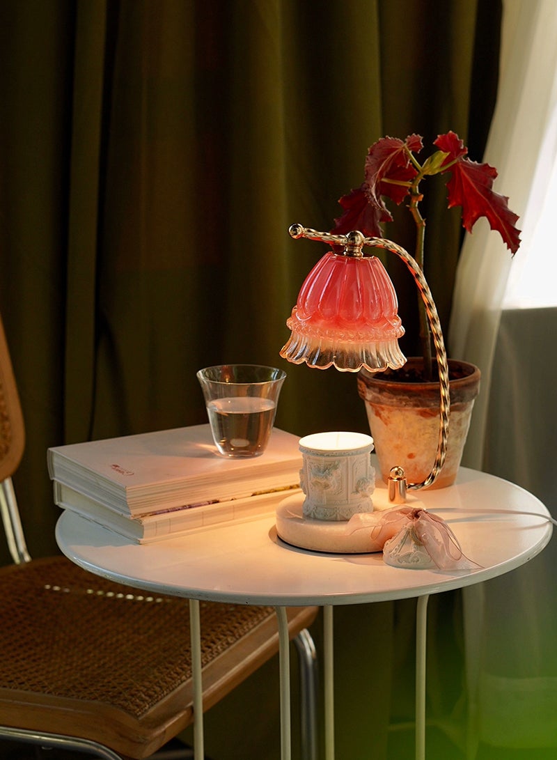 Onelight Coralline Camellia Shade Wax Lamp Candle Warmer Lamp with High Transparency Glass Stepless Dimming Rapid Melting Ideal for Home Decor and Aromatherapy, Pink Flower Lampshade and White Marble Base - Image 3