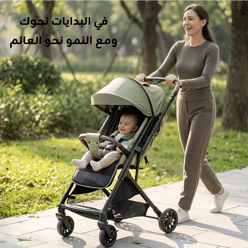 hibobi Reversible Handle Baby Stroller, Parent-Facing & Forward-Facing, Lie-Flat Reclining Seat, UPF50+ Canopy, One-Hand Fold, 0-36 Months, Green - Image 2