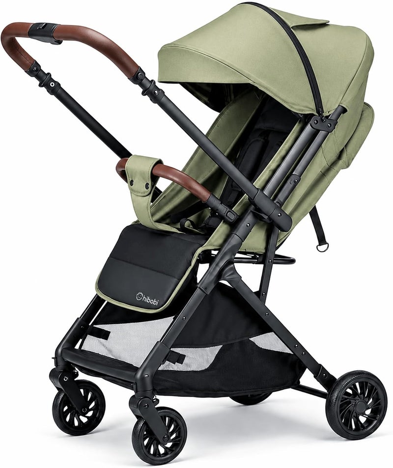 hibobi Reversible Handle Baby Stroller, Parent-Facing & Forward-Facing, Lie-Flat Reclining Seat, UPF50+ Canopy, One-Hand Fold, 0-36 Months, Green - Image 1
