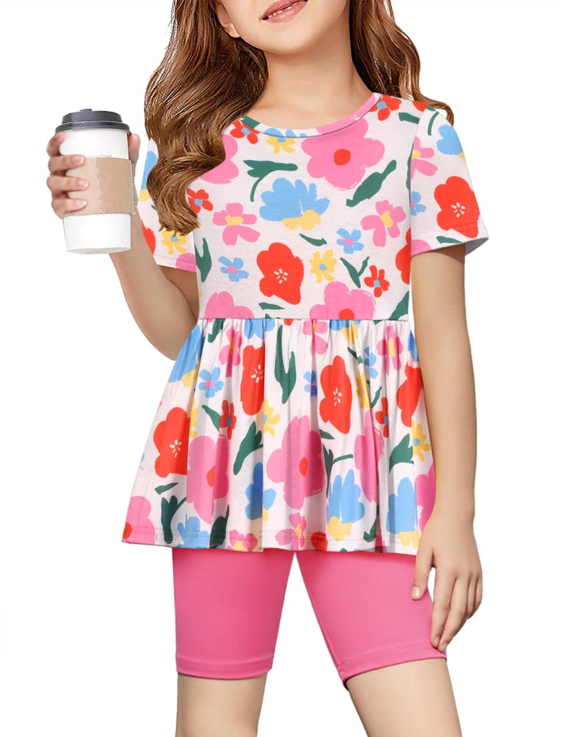 Arshiner Girls Summer Short Sets Floral Print Top and Elastic Waist Biker Shorts Outfit 6-7 Years - Image 1