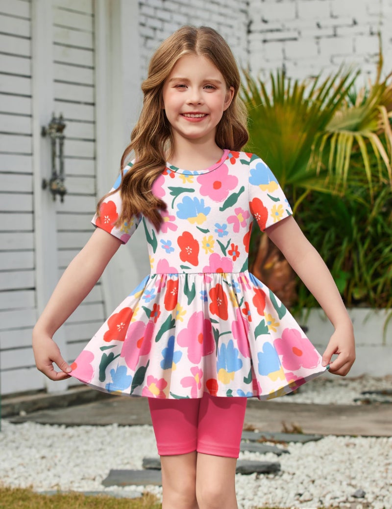 Arshiner Girls Summer Short Sets Floral Print Top and Elastic Waist Biker Shorts Outfit 6-7 Years - Image 2