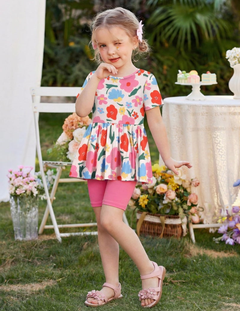 Arshiner Girls Summer Short Sets Floral Print Top and Elastic Waist Biker Shorts Outfit 6-7 Years - Image 4