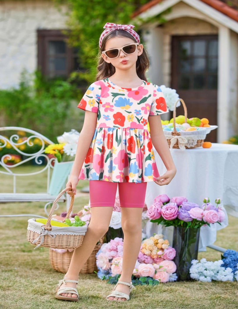 Arshiner Girls Summer Short Sets Floral Print Top and Elastic Waist Biker Shorts Outfit 6-7 Years - Image 5