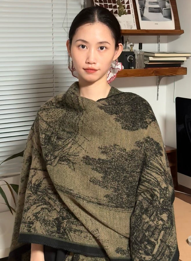 DUNISO Winter Women Warm Shawl , Reversible Oversized Blanket Cardigan ,Fashionable Elegant Knitted Fall Wool Spinning Shawl ,Double-sided Printed Fleece Scarf Outerwear - Image 1