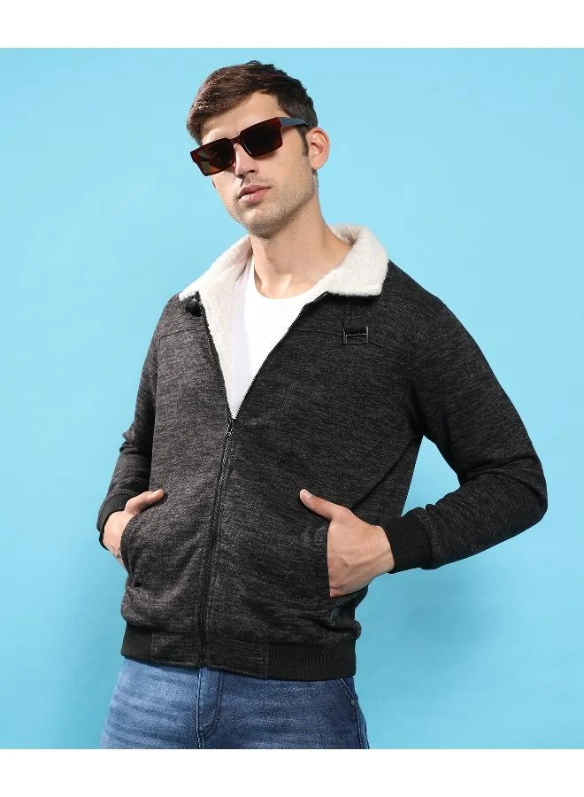 Campus Sutra  Men's Charcoal Grey Heathered Jacket With Fleece Detail for Men | Best Price UAE