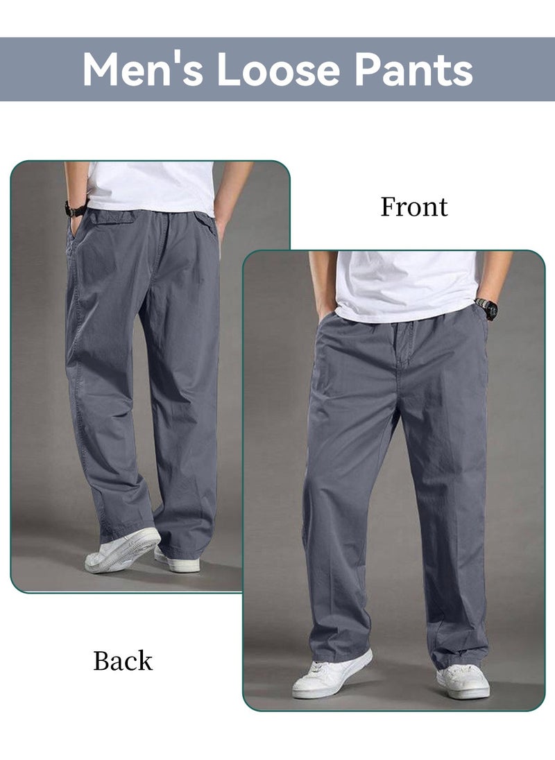 Moovant Men's Casual Pants, Thin Slacks Elastic Waist Relaxed Plus Cargo Pants, Plus Size Cotton Loose Straight Long Pants, Grey  - Image 3