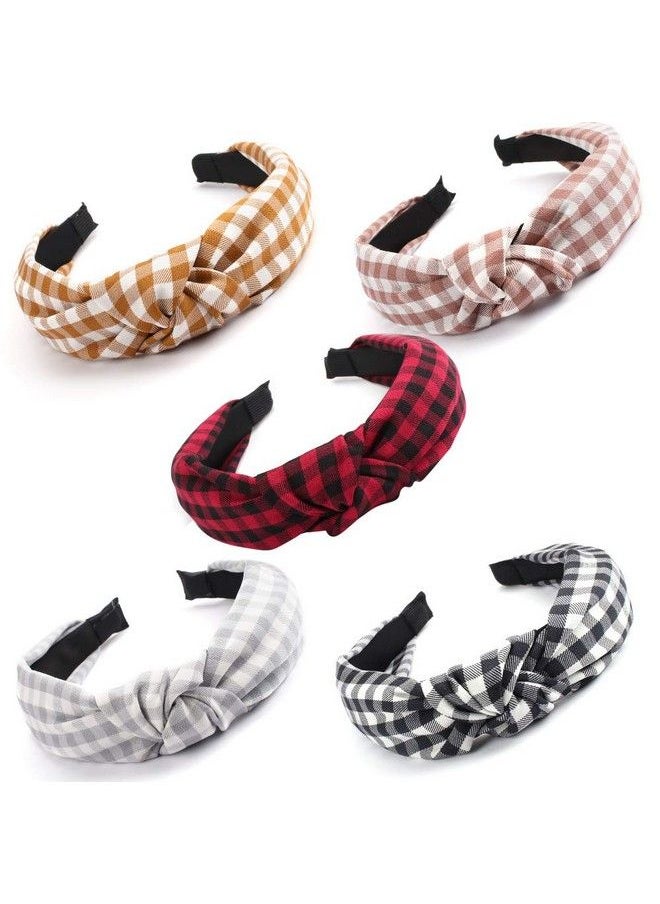 Velscrun 5 Pcs Plaid Headband Vintage Womens Headbands Knotted Headbands For Women Wide Headbands For Women Headbands Women Hair Knot Top Headbands With Buffalo Plaid 5 Colors  - Image 2