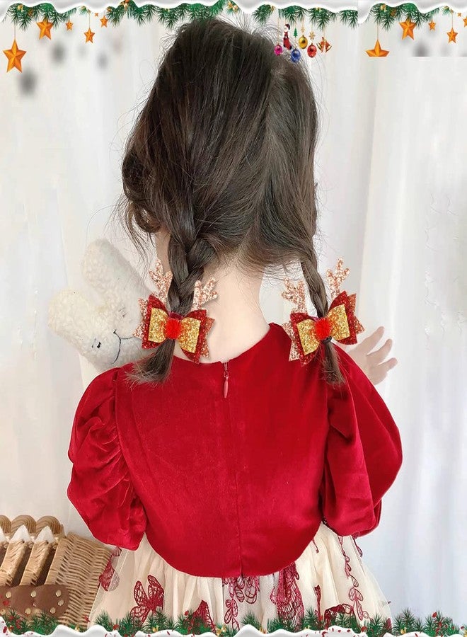 DINPREY Cute Christmas Antler Girls Hair Bow Alligator Clips Glitter Red Gold Silver Pink Sequins Hair Bows Hairpin Bow Hair Bobby Pin Holiday Hair Accessories for Girls Toddler Kids Party Favor Gift (A) - Image 2