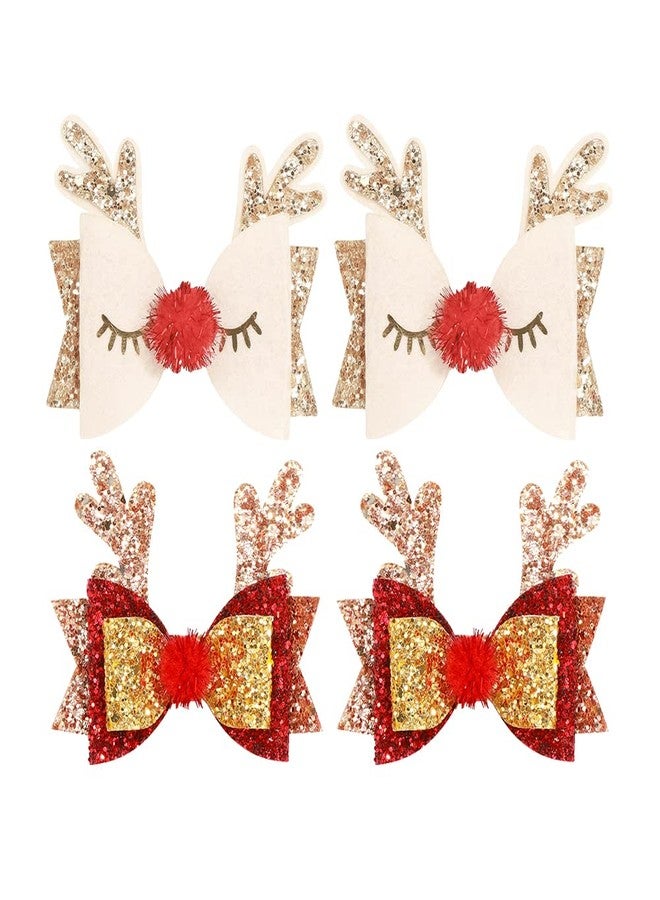 DINPREY Cute Christmas Antler Girls Hair Bow Alligator Clips Glitter Red Gold Silver Pink Sequins Hair Bows Hairpin Bow Hair Bobby Pin Holiday Hair Accessories for Girls Toddler Kids Party Favor Gift (A) - Image 1