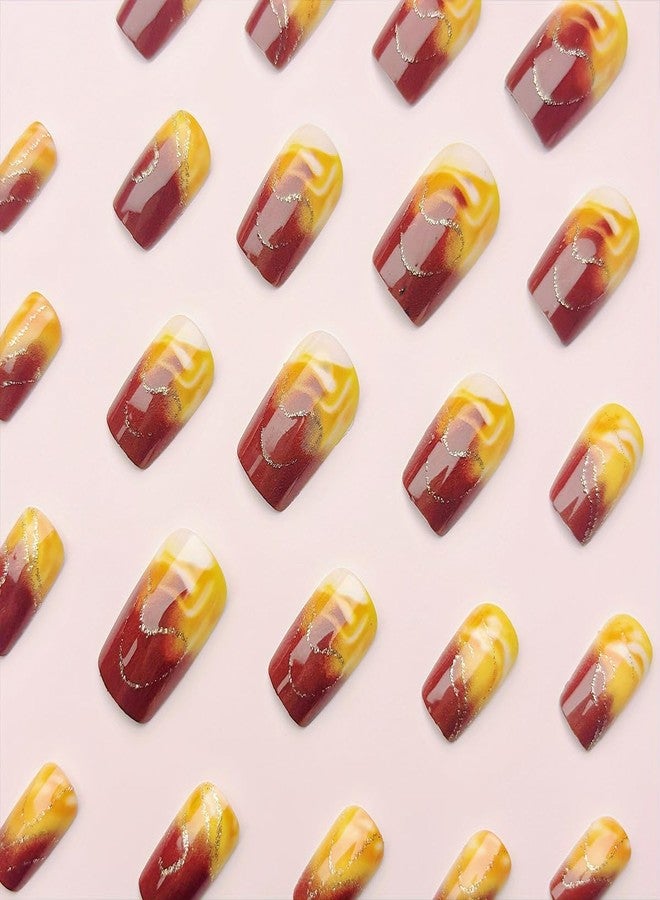 HJKDSFD Short Press on Nails Brown Gradient Fake Nails Square Acrylic Full Cover Glue on Nail Cute Glossy False Nails with Glitter Lines Designs Artificial Stick on Nail for Women Girls 24PCS - Image 2
