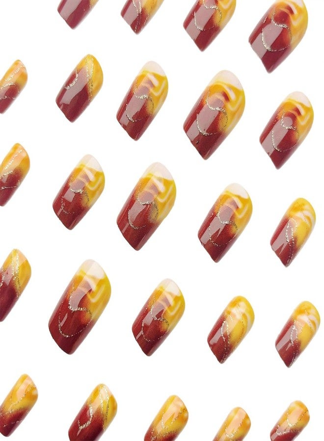 HJKDSFD Short Press on Nails Brown Gradient Fake Nails Square Acrylic Full Cover Glue on Nail Cute Glossy False Nails with Glitter Lines Designs Artificial Stick on Nail for Women Girls 24PCS - Image 5