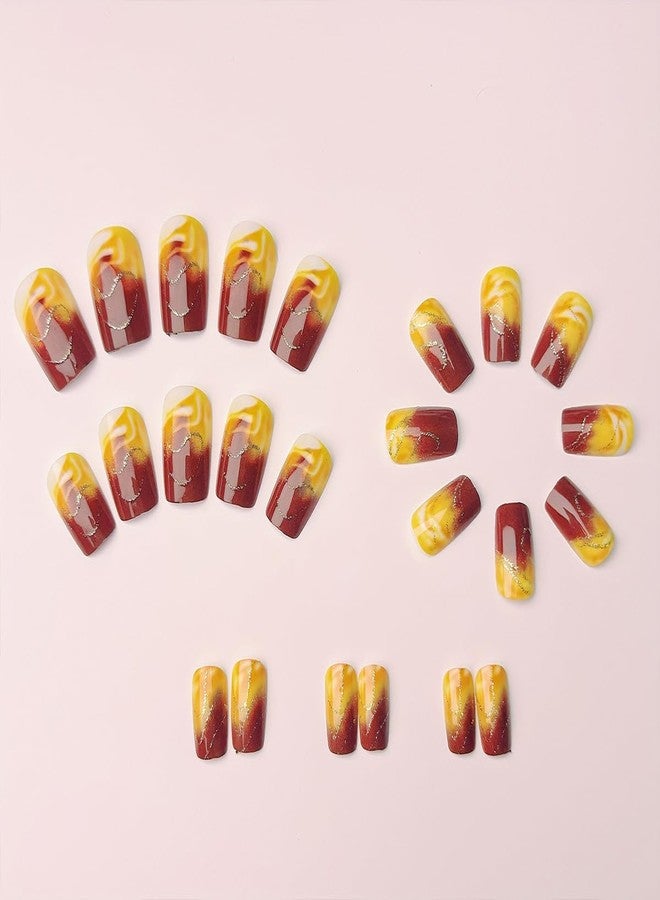 HJKDSFD Short Press on Nails Brown Gradient Fake Nails Square Acrylic Full Cover Glue on Nail Cute Glossy False Nails with Glitter Lines Designs Artificial Stick on Nail for Women Girls 24PCS - Image 3