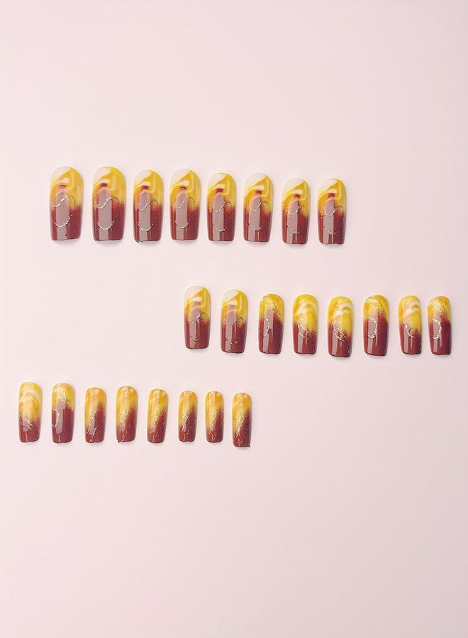 HJKDSFD Short Press on Nails Brown Gradient Fake Nails Square Acrylic Full Cover Glue on Nail Cute Glossy False Nails with Glitter Lines Designs Artificial Stick on Nail for Women Girls 24PCS - Image 4