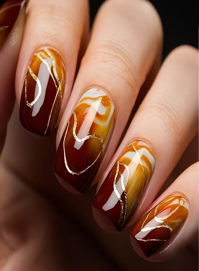 HJKDSFD Short Press on Nails Brown Gradient Fake Nails Square Acrylic Full Cover Glue on Nail Cute Glossy False Nails with Glitter Lines Designs Artificial Stick on Nail for Women Girls 24PCS - Image 1