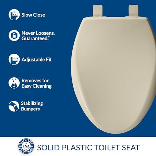 Bemis Aurora Slow Close Toilet Seat, Easy Clean Hinges and Adjustable Perfect Fit Plastic Seat, Made in USA, Elongated, Bone - Image 2