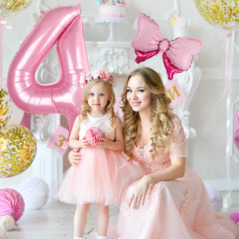 LEBERY Pink Bow Balloons 40 Inch Pink Number 4 Balloon Jumbo Number 4 Birthday Balloons for Girls, Mini Bowtie Foil Balloon for Princess Cowgirl Mouse Themed 4th Birthday Baby Shower Decorations - Image 2