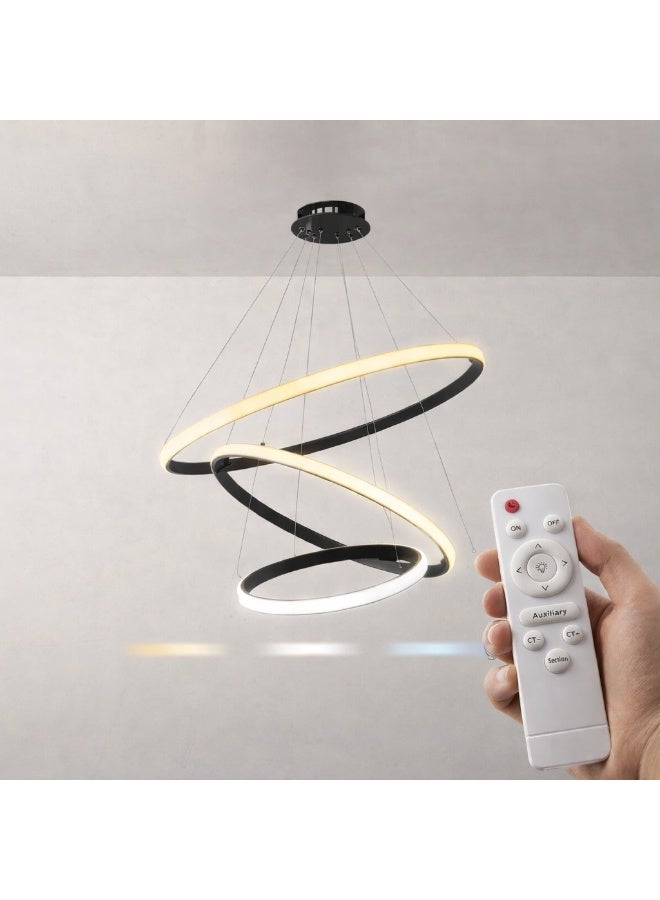 6911 Modern LED Black Ceiling Chandelier With Remote Control Three Ring Adjustable - 3 Lighting Modes LED Pendant Light Chandelier - Image 2
