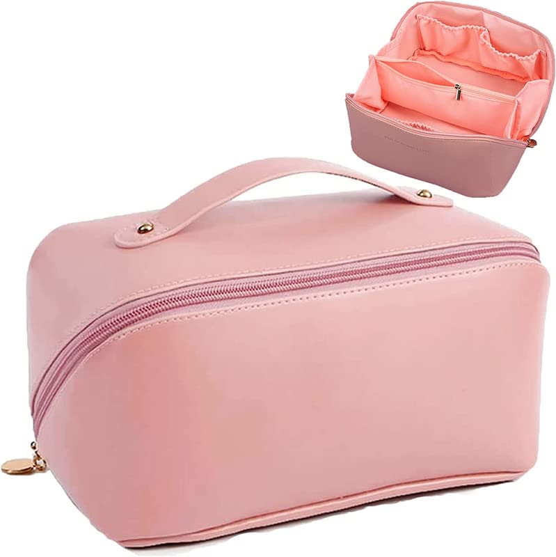 LOZOX Large Capacity Travel Cosmetic Bag Multifunctional Makeup Bag Waterproof Portable Flat Open PU Leather Toiletry Organizer Bag with Dividers and Handle for Women Girls1 PC Pink - Image 1