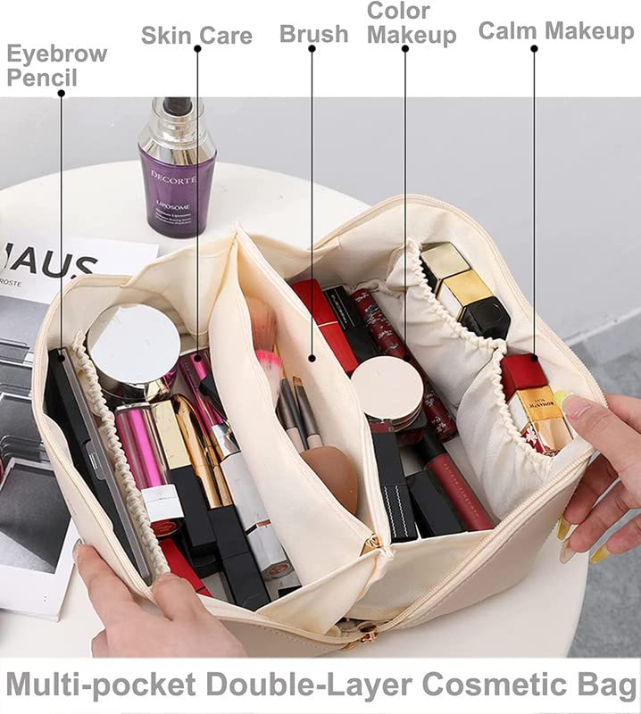 LOZOX Large Capacity Travel Cosmetic Bag Multifunctional Makeup Bag Waterproof Portable Flat Open PU Leather Toiletry Organizer Bag with Dividers and Handle for Women Girls1 PC Pink - Image 4