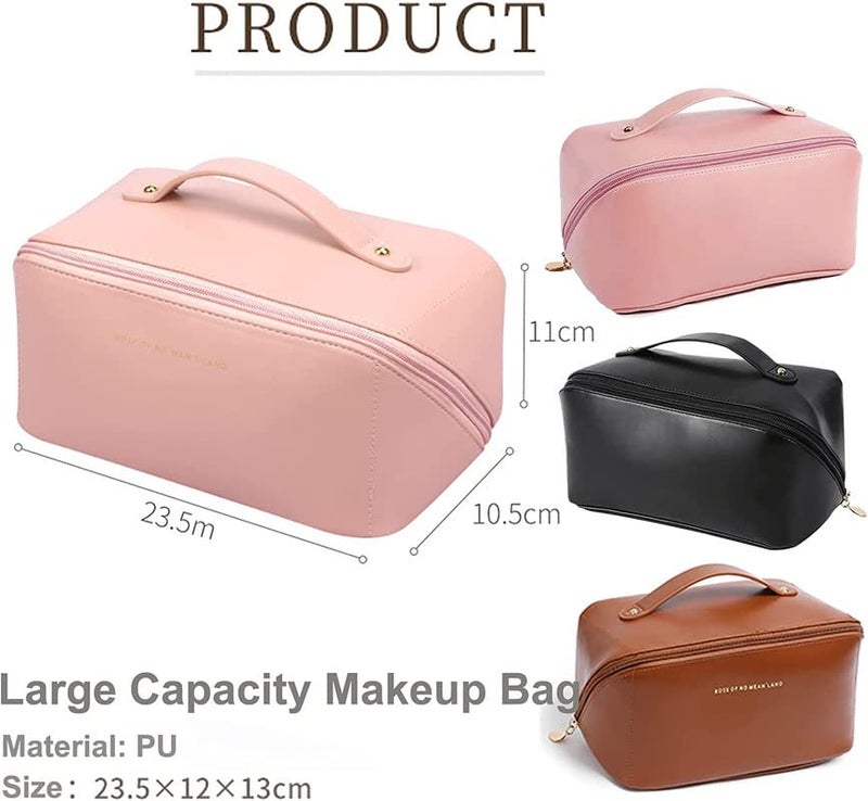 LOZOX Large Capacity Travel Cosmetic Bag Multifunctional Makeup Bag Waterproof Portable Flat Open PU Leather Toiletry Organizer Bag with Dividers and Handle for Women Girls1 PC Pink - Image 5