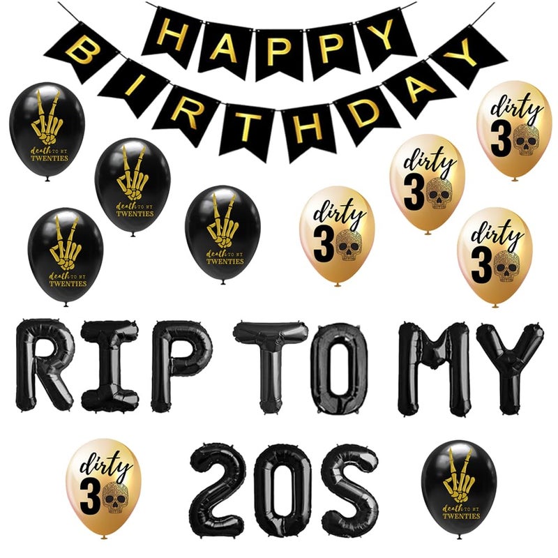Geloar RIP To My 20s 30th Birthday Party Supplies RIP TWENTIES Balloons Happy Birthday Banner for Death to My 20s Twenties RIP Youth Men Women Dirty 30 Funny 30th Bday Decorations Set of 24 PCS - Image 2
