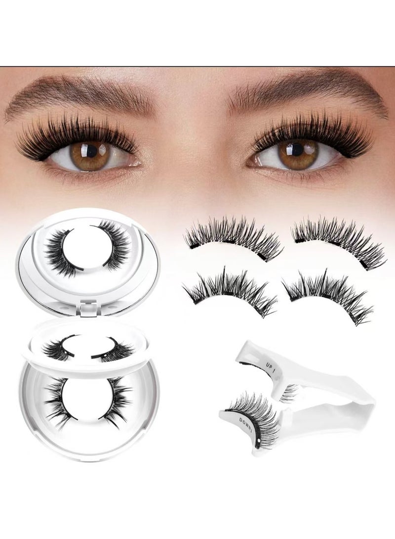 VIUAUAX مجموعة رموش مغناطيسية ذات مظهر طبيعي 2 زوج رموش مغناطيسية قابلة لإعادة الاستخدام على الوجهين مع أداة تطبيق ومرآة، لا تحتاج إلى غراء، رموش شريطية، أسود - Image 1