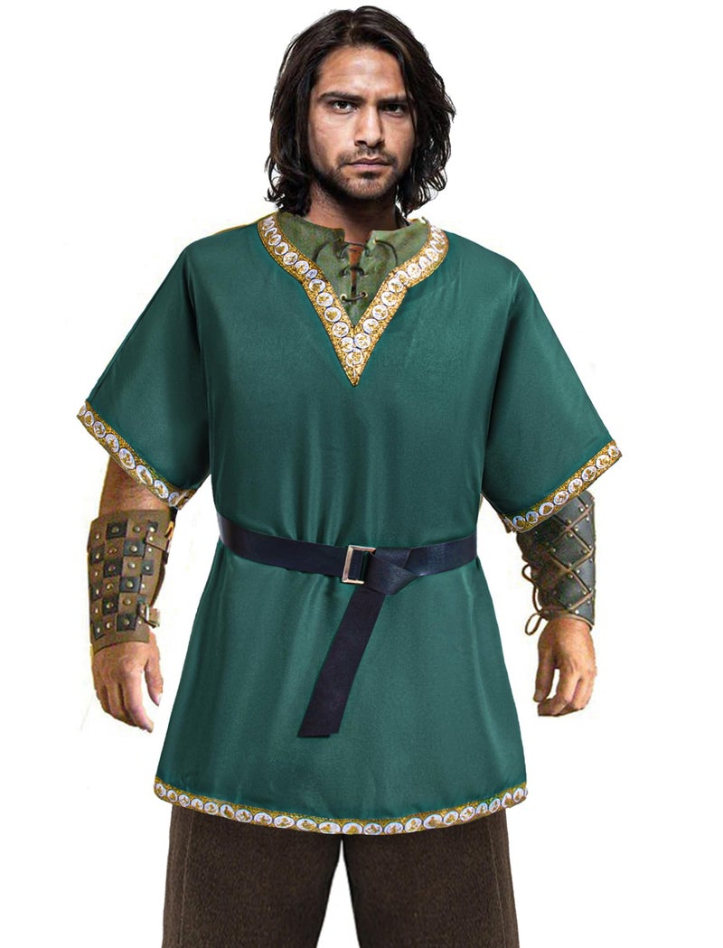 TOGROP Mens Medieval Costume Viking Pirate Tunic Knight Warrior Renaissance Shirts with Belt Green M - Image 2