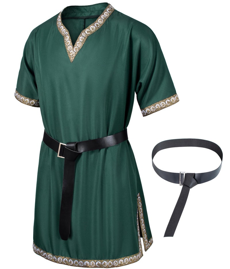TOGROP Mens Medieval Costume Viking Pirate Tunic Knight Warrior Renaissance Shirts with Belt Green M - Image 3