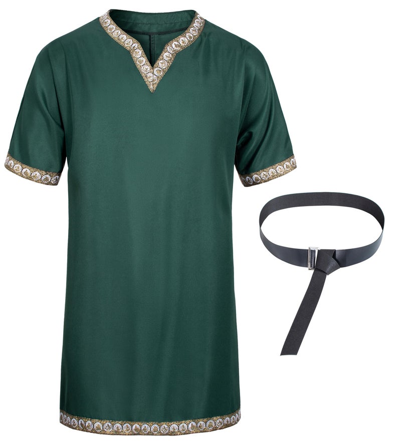 TOGROP Mens Medieval Costume Viking Pirate Tunic Knight Warrior Renaissance Shirts with Belt Green M - Image 4