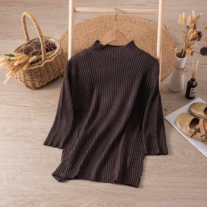 5098 Merino Wool Mid-Sleeve Base T-Shirt Soft Waxy Stretch Inner Half-High Collar Knitted Base Shirt - Image 1
