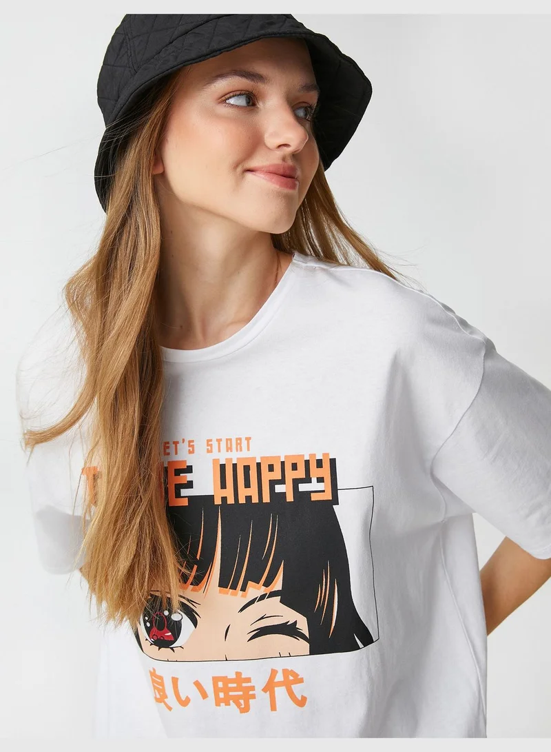 KOTON Oversized Short Sleeve Crew Neck Anime T-Shirt