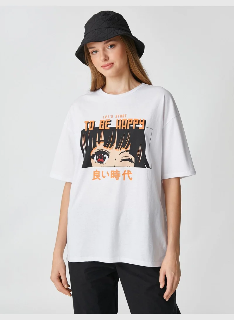 KOTON Oversized Short Sleeve Crew Neck Anime T-Shirt