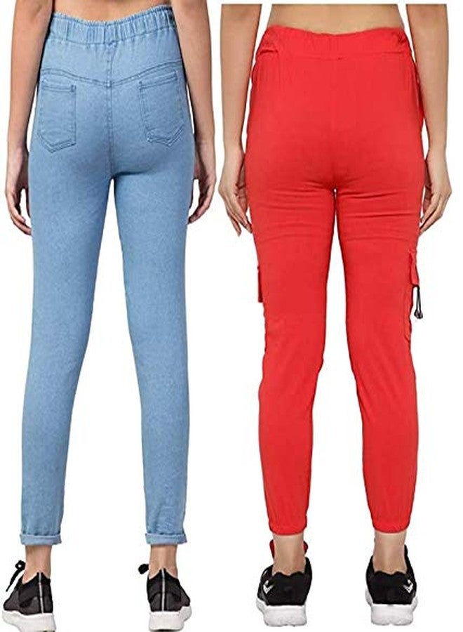 V3E Girl's Plain Casual Red Joggers and Relaxed Fit Denim Light Blue Jogger Pant Sports Track Pants (Pack of 02)-(32) - Image 2
