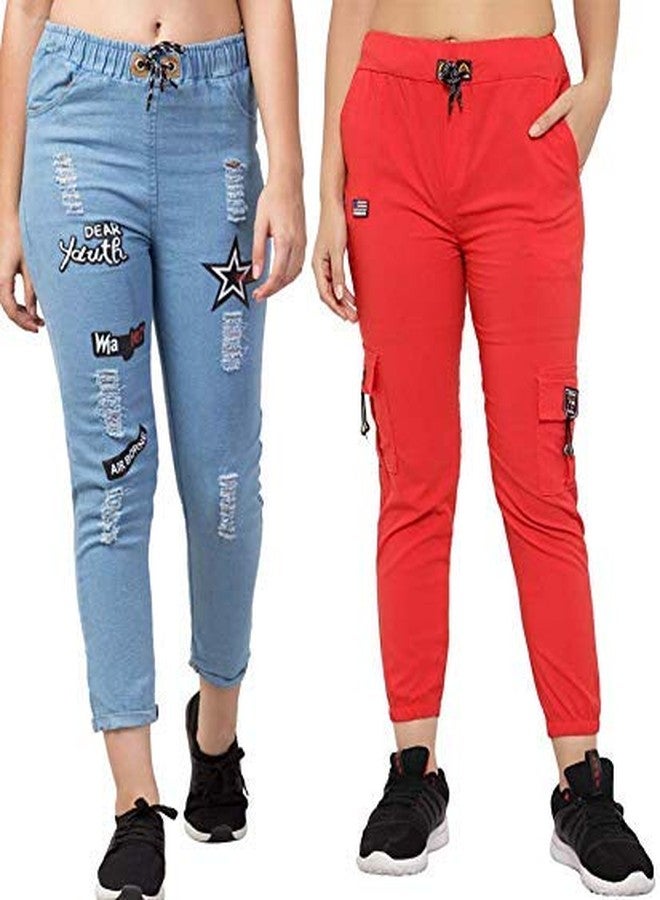 V3E Girl's Plain Casual Red Joggers and Relaxed Fit Denim Light Blue Jogger Pant Sports Track Pants (Pack of 02)-(32) - Image 1