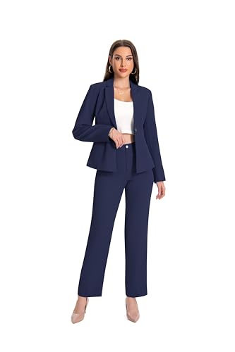 YUNCLOS Women's 2 Piece Office Lady Business Suit Set Slim Fit Blazer Pant Navy Blue - Image 1