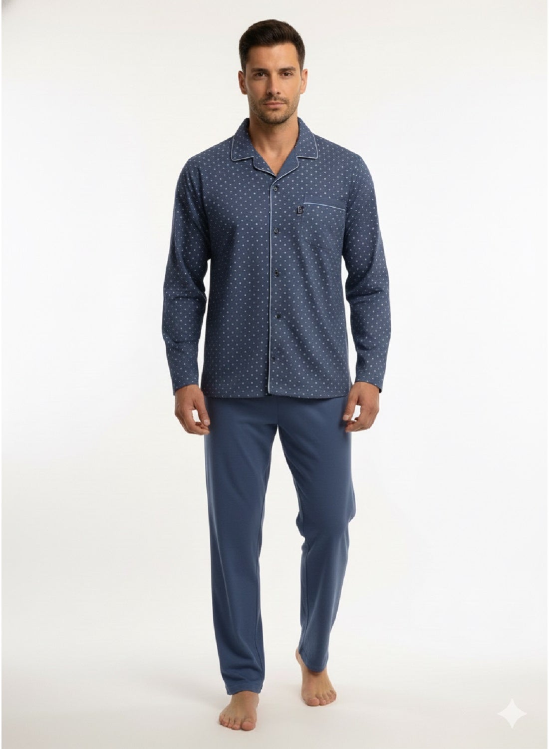 Men Winter Pajama Set Long Sleeve & Plain Bottom