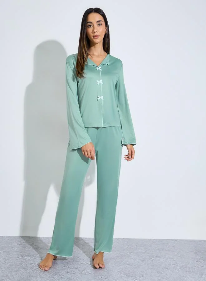 ستايلي Green Contrast Trims Bow Detail Blouse and Pants Pyjama Set