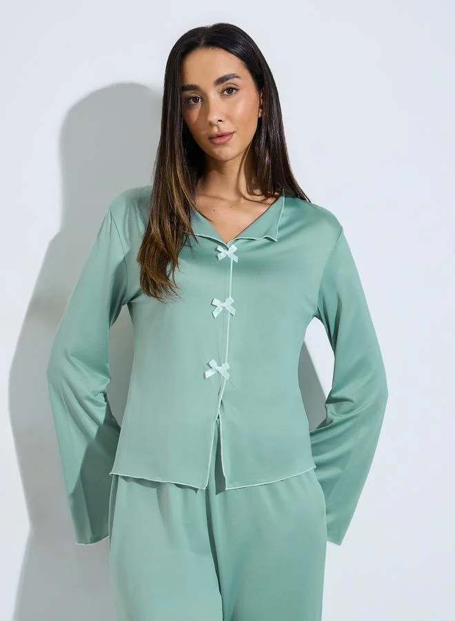 ستايلي Green Contrast Trims Bow Detail Blouse and Pants Pyjama Set