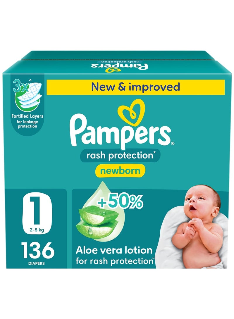 Pampers Rash Protection Taped Diapers, Size 1, 2-5kg, +50% Aloe Vera Lotion for Rash Protection, 3x Fortified Layers for Leakage Protection, Jumbo Box, 136 Count