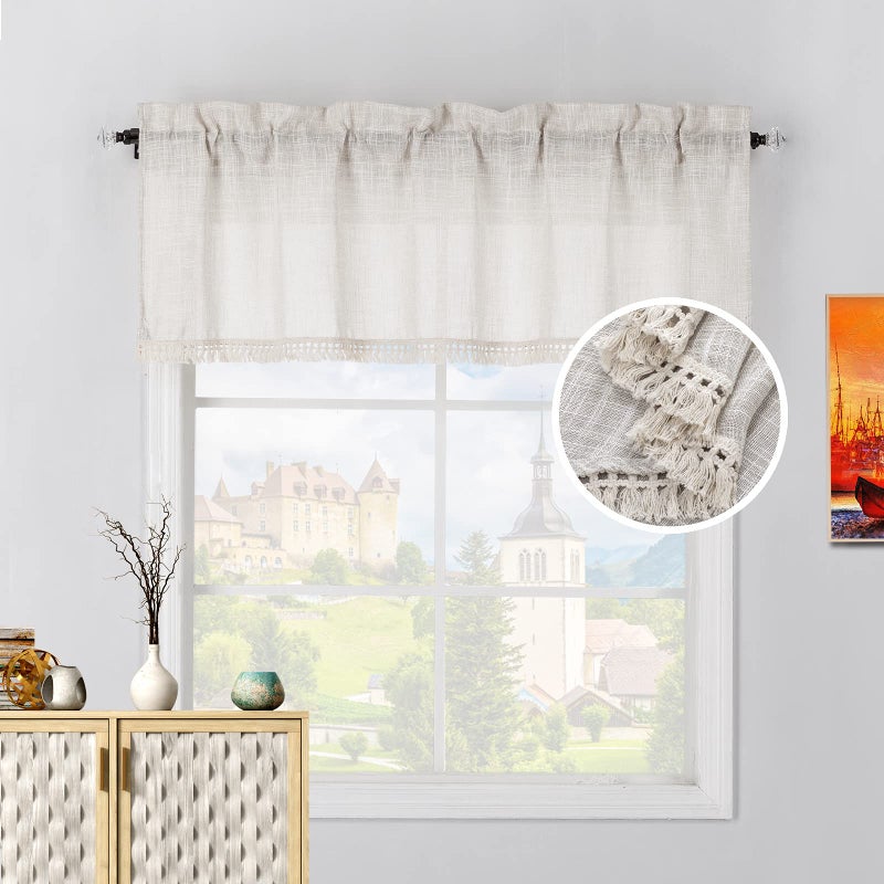 BD BEDA HOME Beda Home Tassel-Linen-Textured-Swag-Curtain-Thablance for Farmhouses-Kitchen ؛ تمت إضافة تصميم قضبان على جيب القضبان (Nature 52Wx18L-1pc) - Image 1