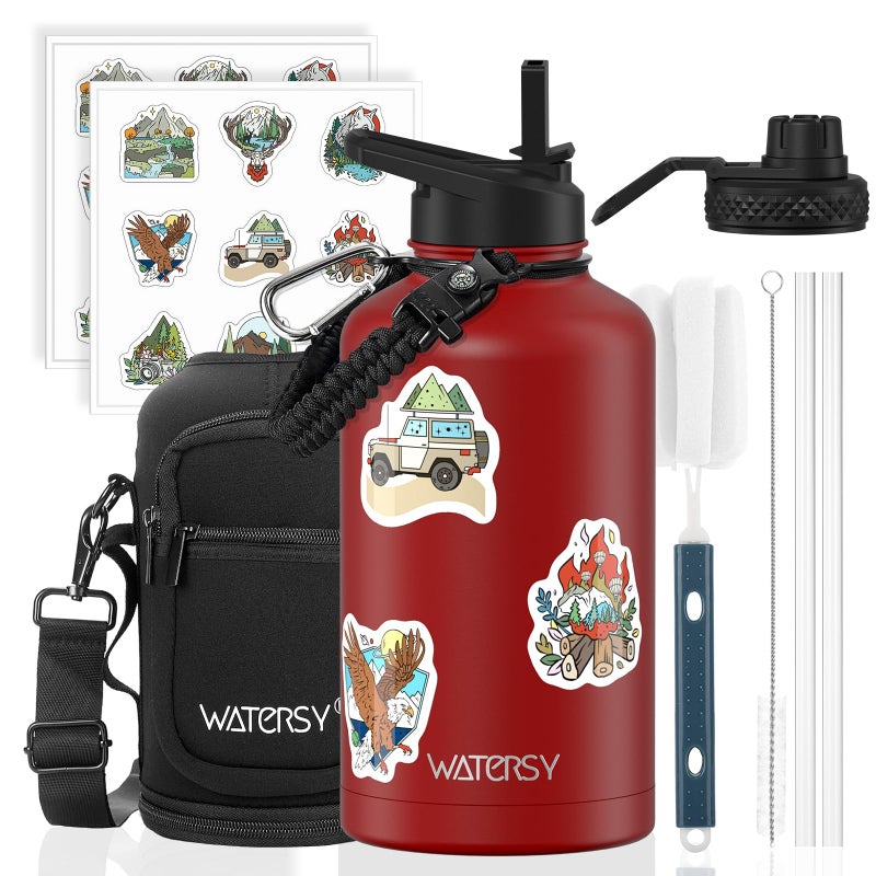WATERSY 64oz Insulated Water Bottle (Cold for 48 Hrs),BPA Free&Leak Proof,Half Gallon Stainless Steel Water Flask,Water Jug with Straw Spout Lids for Gym,Hiking,Camping,Red - Image 1