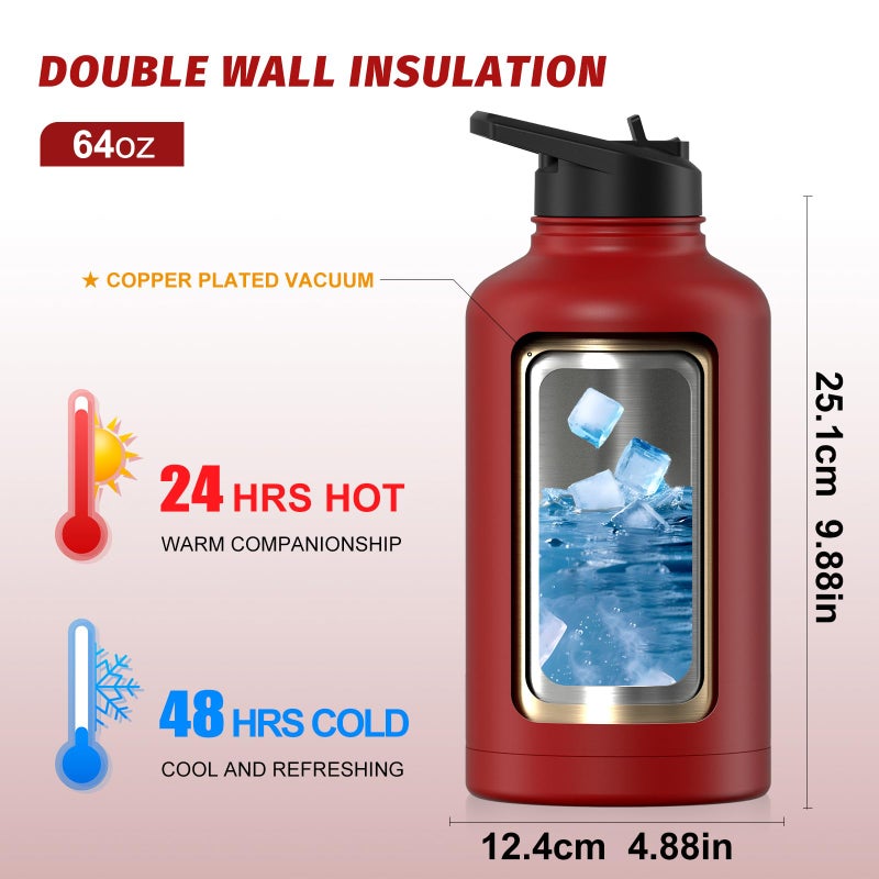 WATERSY 64oz Insulated Water Bottle (Cold for 48 Hrs),BPA Free&Leak Proof,Half Gallon Stainless Steel Water Flask,Water Jug with Straw Spout Lids for Gym,Hiking,Camping,Red - Image 2