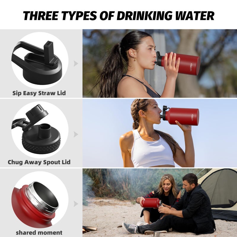 WATERSY 64oz Insulated Water Bottle (Cold for 48 Hrs),BPA Free&Leak Proof,Half Gallon Stainless Steel Water Flask,Water Jug with Straw Spout Lids for Gym,Hiking,Camping,Red - Image 3