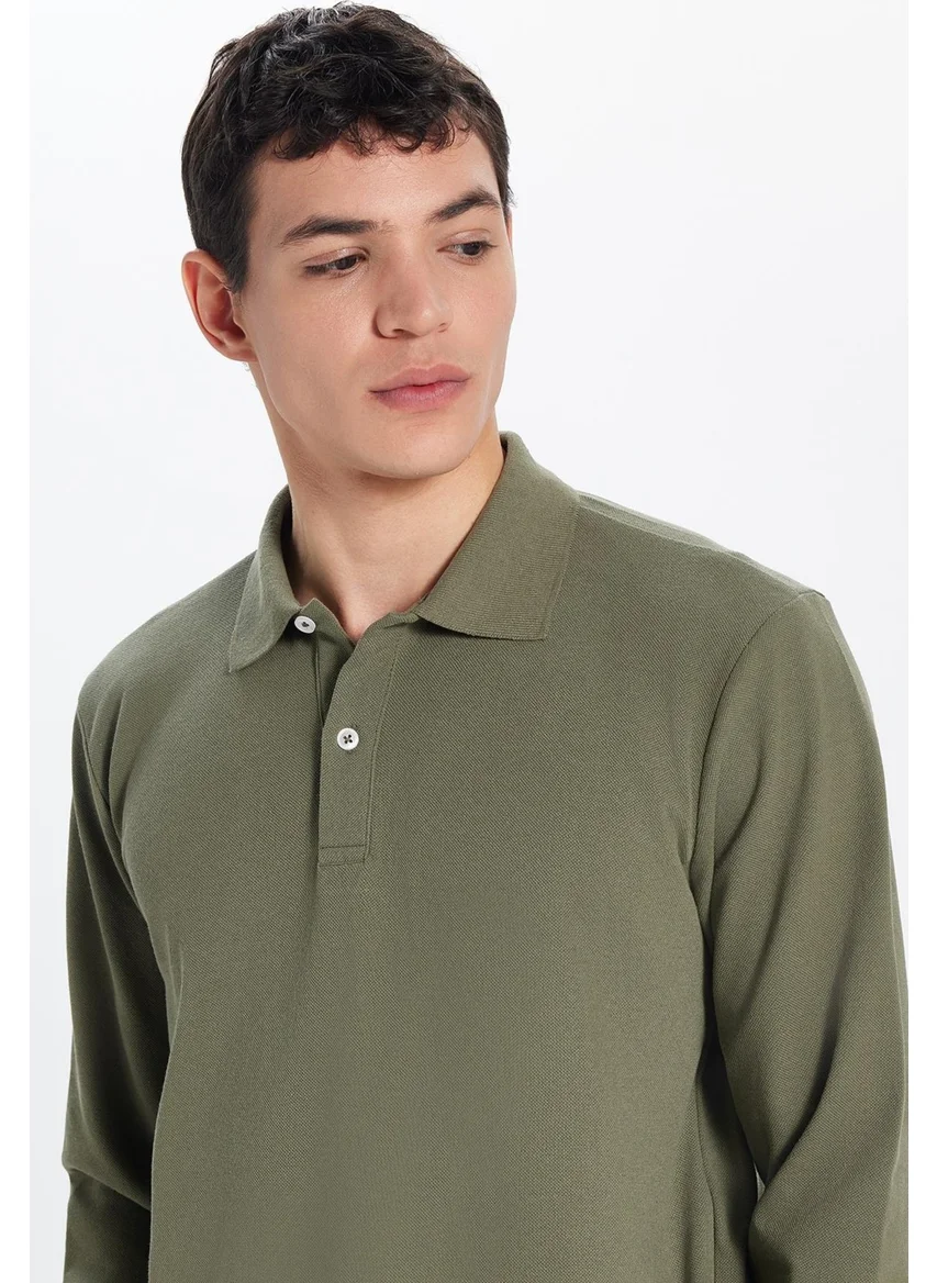Tudors Men's Standard Fit Relaxed Cut Cotton Soft Texture Plain Pique Long Sleeve Khaki Polo Neck T-Shirt