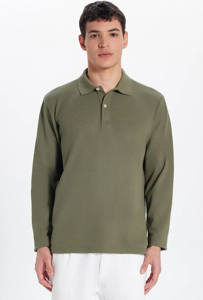Tudors Men's Standard Fit Relaxed Cut Cotton Soft Texture Plain Pique Long Sleeve Khaki Polo Neck T-Shirt