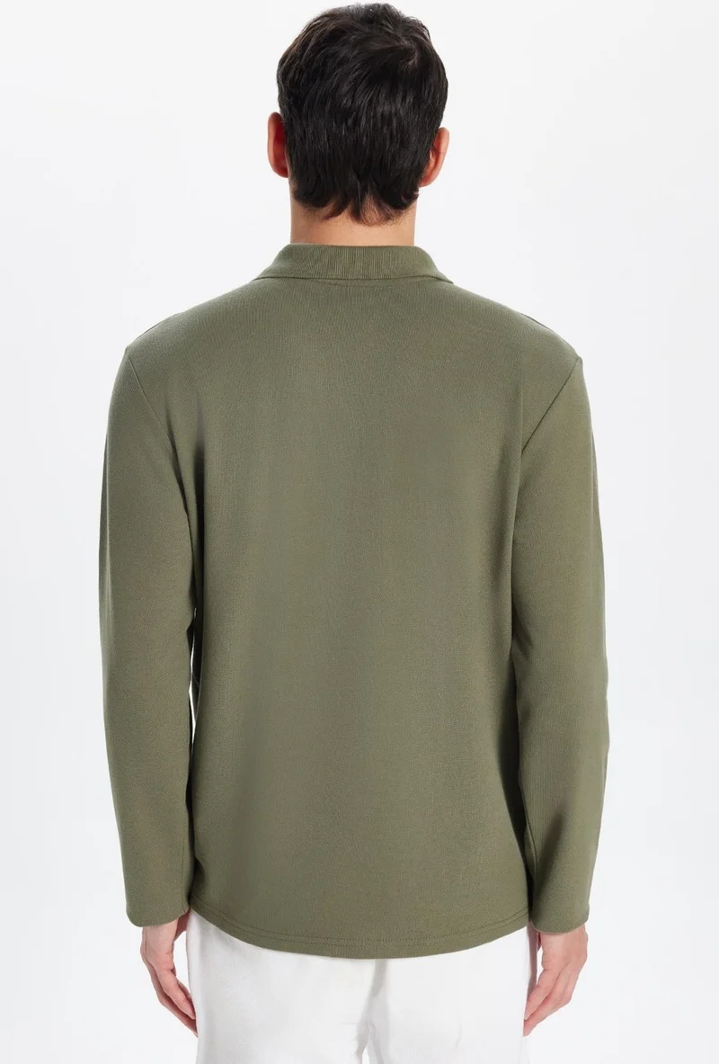 Tudors Men's Standard Fit Relaxed Cut Cotton Soft Texture Plain Pique Long Sleeve Khaki Polo Neck T-Shirt